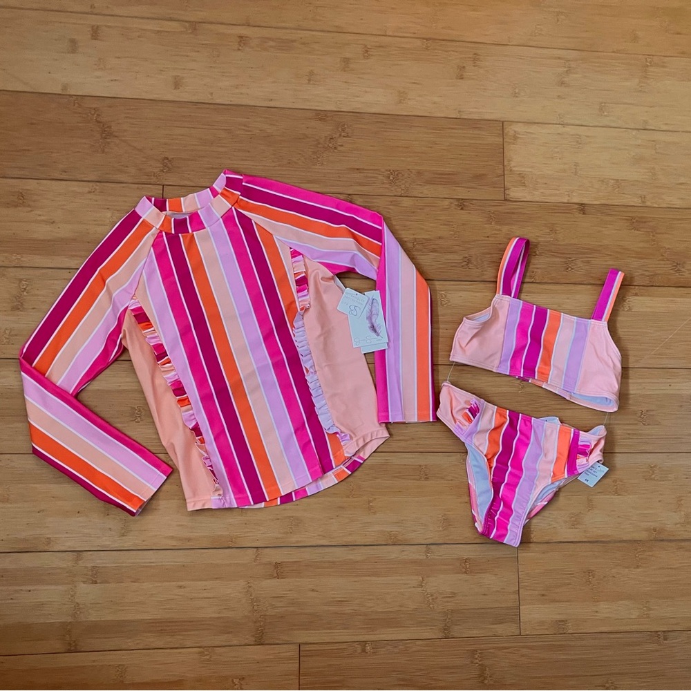 NWT Girls Size 6X Bikini & Rash Guard Multi-Stripe 3-Piece Girls Swim Set